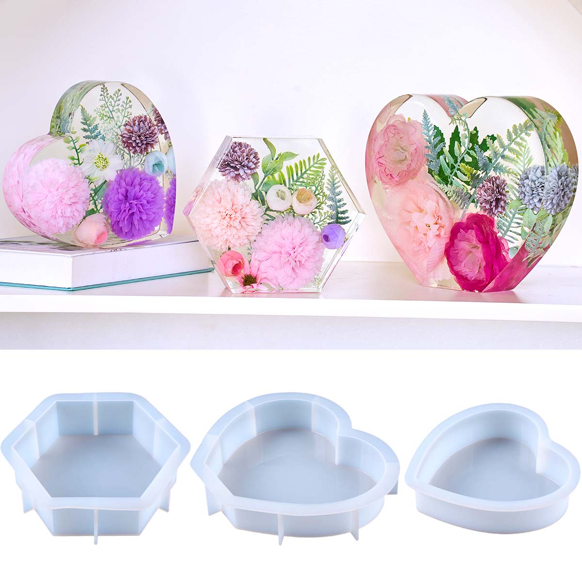 Resin Art Kit With Molds - Große Liebes-Silikonform, DIY Herz- und Sechseck-Epoxidharzformen