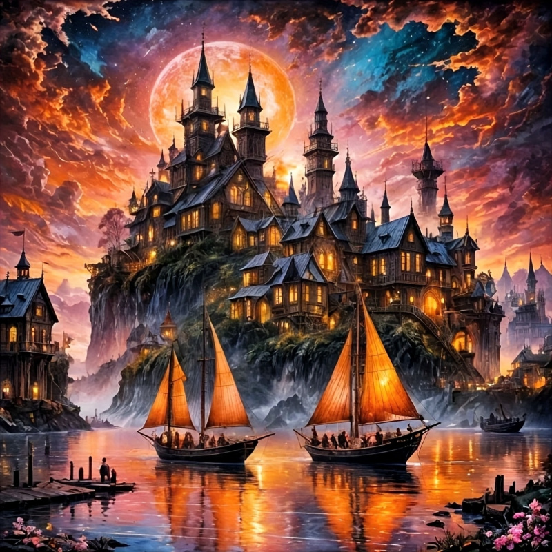 Resin Art Work - Diamantmalerei-Set, Muster mit Schloss und Segelboot,