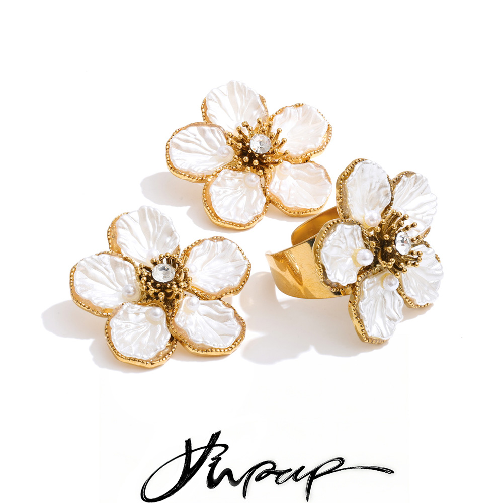 Resin Art Ring - Yhpup Beliebte Edelstahl-Harzperlen, Blume, Retro-Ohrstecker, Ring-Set,